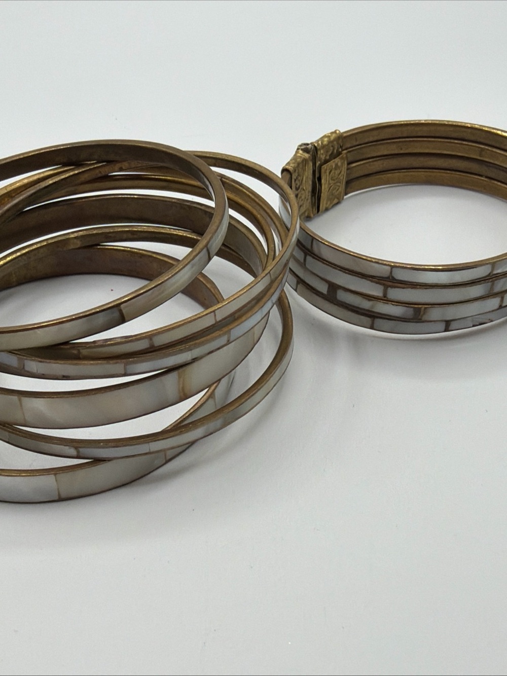 Gold-Tone White Inlay Stackable Bangle Bracelet Set